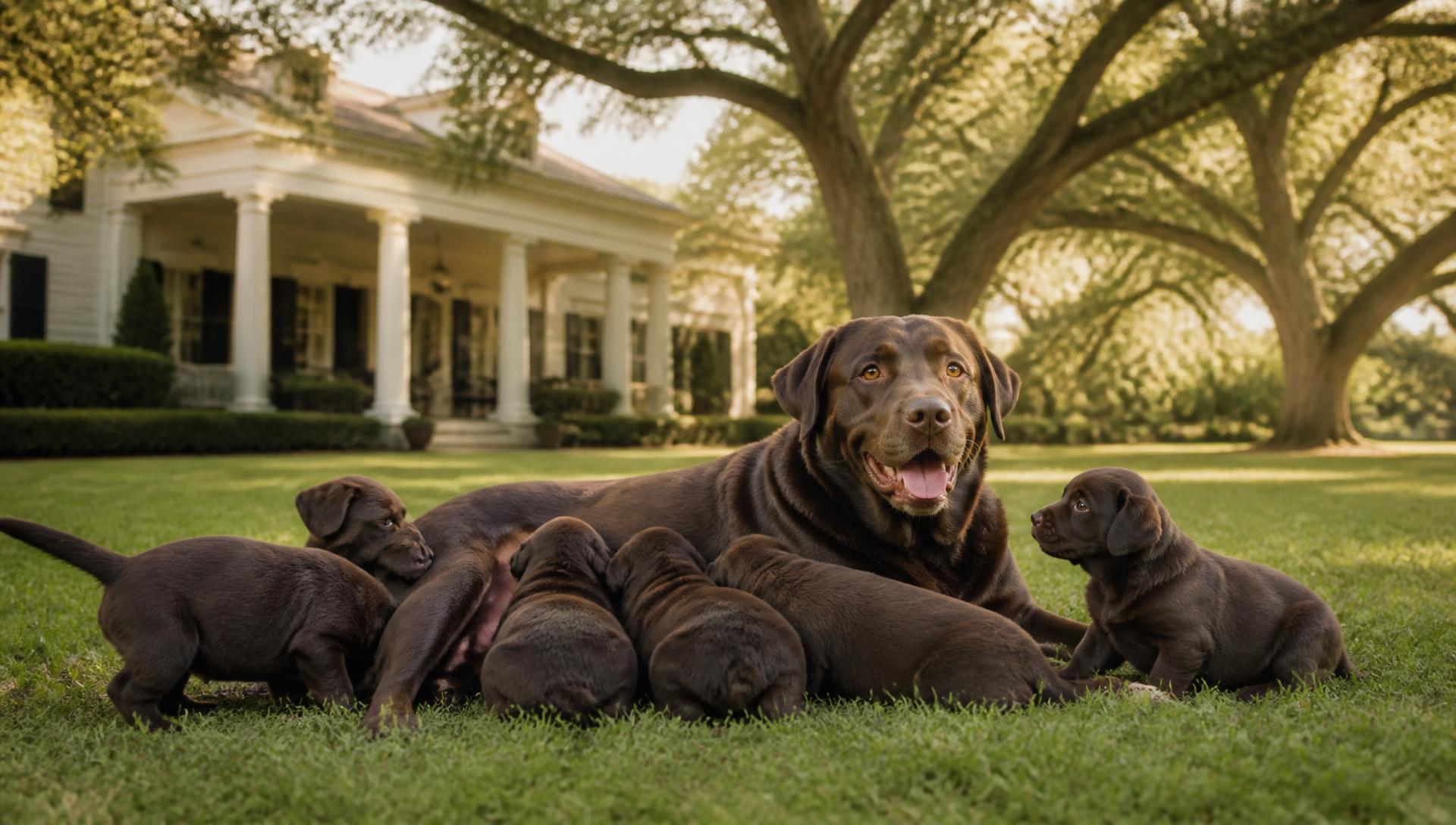 A Labrador mother with her Lab puppies on the lawn of the Much Amazing Labs estate at golden hour
